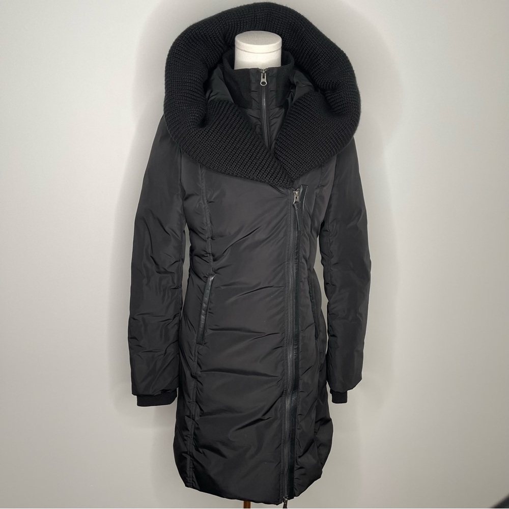 MACKAGE Brigid Black Down Puffer Jacket with Wool Oversized Collar Hoodie